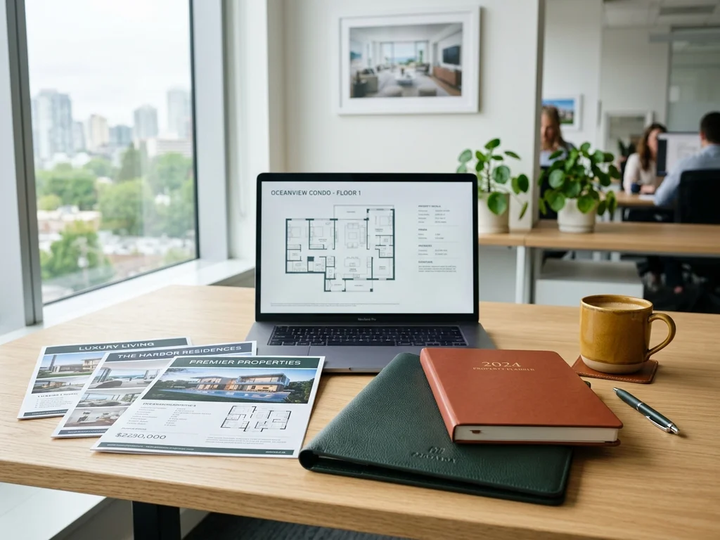 Espace de travail collaboratif avec dossiers immobiliers et ordinateur portable illustrant l'expertise de l'équipe.