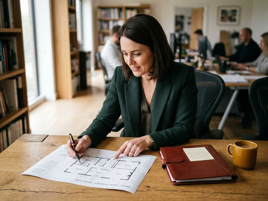 Camille Béranger, experte en immobilier, analyse un plan de maison lors d'une session de conseil.