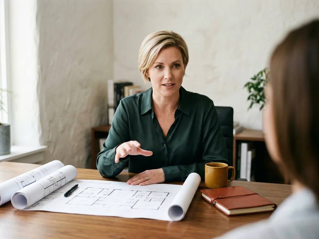 Conseill�re immobili�re discutant des plans de projet pour un rendez-vous client personnalis�.