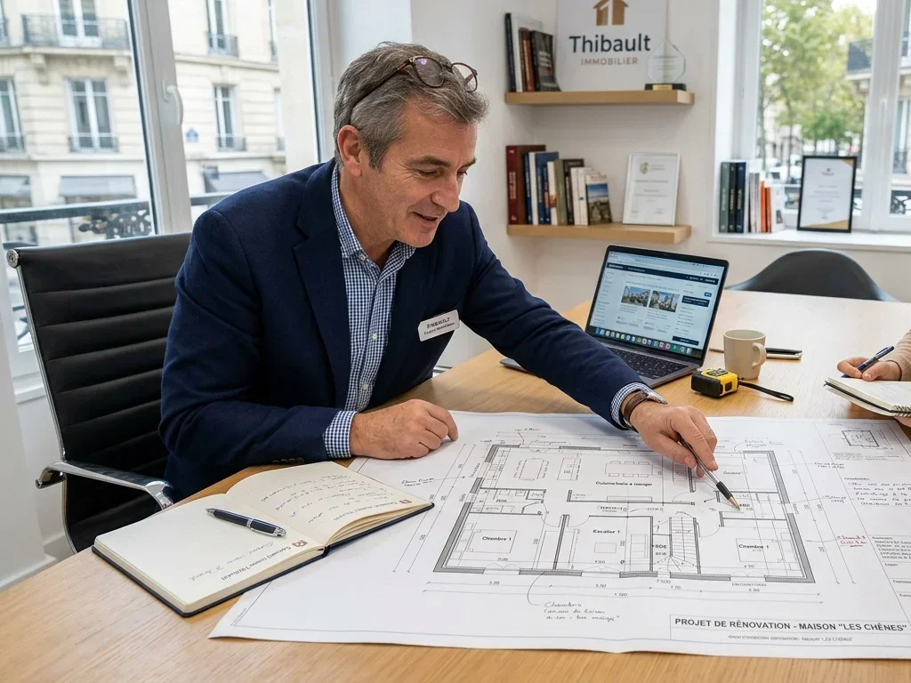 Camille Jamet, experte en immobilier, analyse un plan de maison lors d'une session de conseil.
