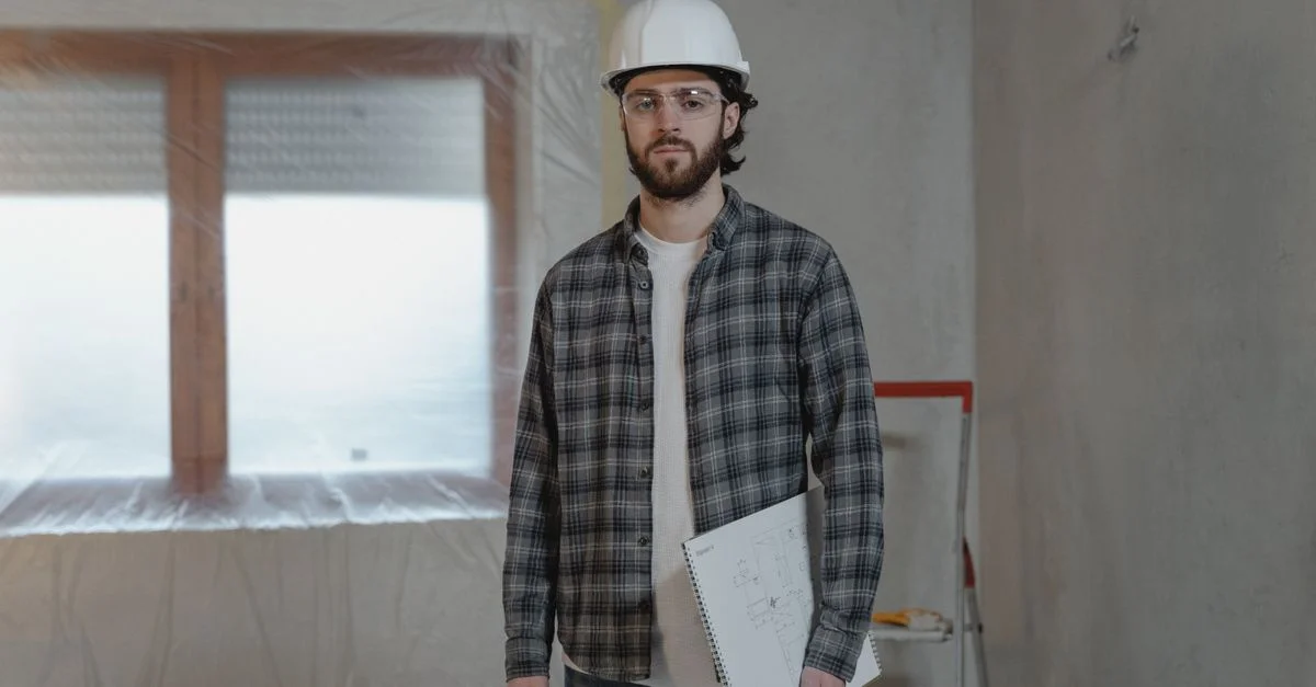 Homme adulte en construction tenant des plans dans un site de rénovation intérieure.
