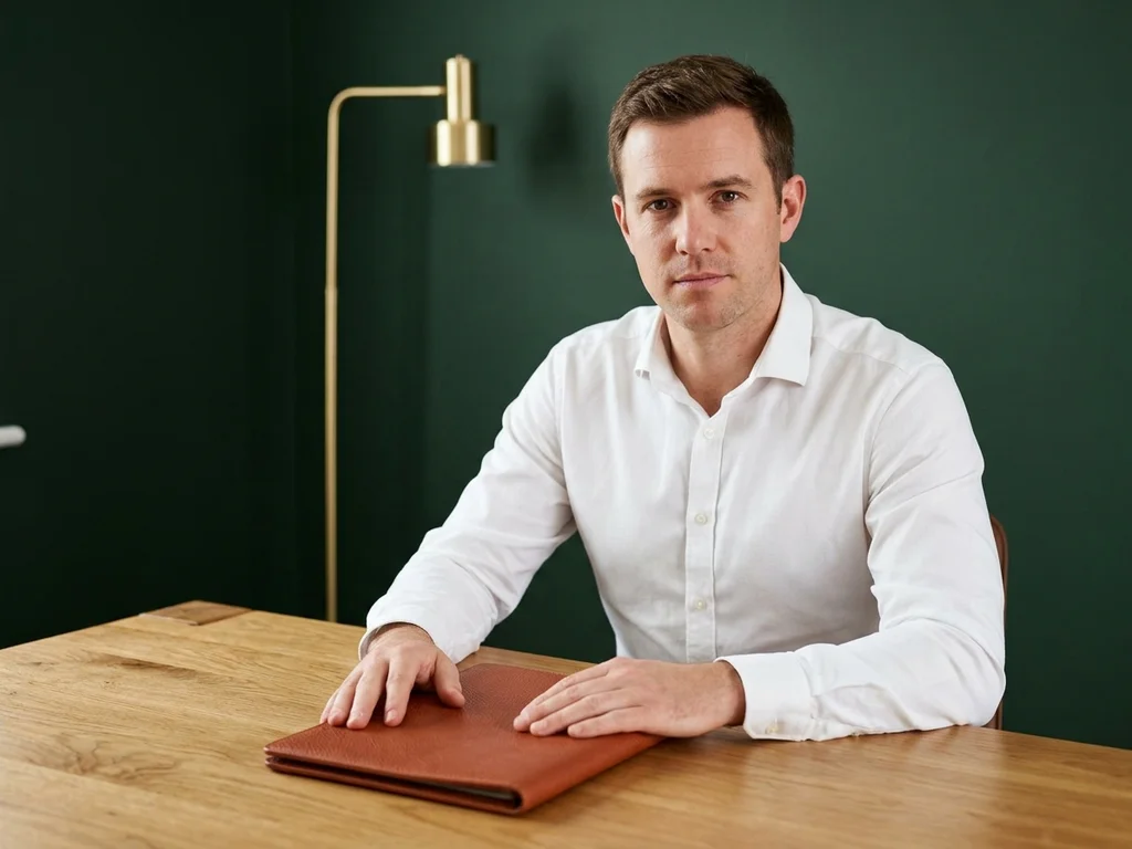 Thibault Lefèvre, expert en gestion locative, présente un dossier dans un bureau élégant.